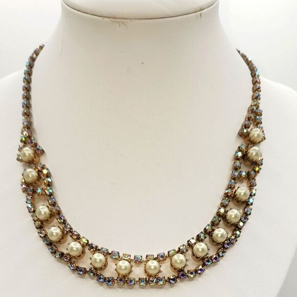 KRAMER Necklace Set Pearls Aurora Borealis Rhinestones & Earrings Dior Designer - Picture 1 of 5
